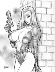 areola_bulge artist_signature belt big_breasts bodysuit cleavage deacon_black disney eyeshadow hair_over_one_eye holding_pistol hourglass_figure jessica_rabbit leaning_against_wall lipstick long_hair looking_at_viewer monochrome pistol unzipped_bodysuit who_framed_roger_rabbit