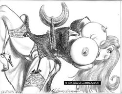 2006 areola artist_logo artist_name bdsm big_breasts blush bondage breasts_out copyright_symbol disney dress english_text erect_nipples eyeshadow garter_straps hair_over_one_eye heels hook jessica_rabbit julius_zimmerman lipstick long_hair monochrome nipples panties rope stockings text text_box tied_to_hook tied_up who_framed_roger_rabbit