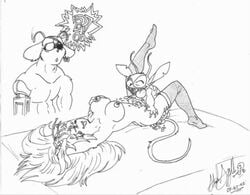 2002 antennae anthro biker_mice_from_mars breasts crossover disney experiment_(species) female fur harley_(bmfm) interspecies lilo_and_stitch lying male mammal modo_(bmfm) monochrome mouse multiple_males nipples on_back rodent sex size_difference sn stitch straight