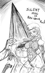 blood capcom crossover female gore guro human jill_valentine jill_valentine_(julia_voth) monochrome pyramid_head resident_evil silent_hill silent_hill_2 skinning spec_(artist)