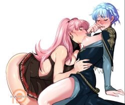 2girls blue_hair blush breast_sucking breasts_out closed_eyes female female_only fire_emblem fire_emblem:_three_houses hilda_valentine_goneril kukumomo looking_pleasured marianne_von_edmund moaning multiple_girls partially_clothed pink_hair sucking_nipples white_background yuri