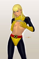 1girls 2006 blonde_hair blue_eyes cameltoe comerotica covering_breasts female female_only gloves long_hair magik_(illyana_rasputin) marvel marvel_comics midriff miravi new_mutants no_bra shiny shirt_lift small_breasts solo spandex straight_hair superheroine tights x-men