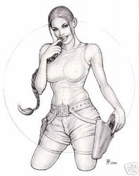 2005 belt big_breasts biting_finger bottomwear braid breasts clothed clothing contrapposto cowboy_shot dark_hair detailed female female_only front_view fully_clothed greyscale gun holding_gun holding_object holding_weapon holster holstered_weapon human lara_croft lara_croft_(classic) light_bottomwear light_clothing light_shorts light_skin light_tank_top light_topwear medium_eyes monochrome open_mouth paul_jaworski pose realistic short_shorts shorts simple_background solo standing tank_top tied_hair tomb_raider topwear very_long_hair watermark weapon white_background