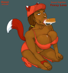 1boy 1girls 2005 animal_ears brown_eyes brown_hair dark-skinned_female dark_skin drawn_together fellatio female fox_ears fox_tail foxxy_love interracial long_hair male omni oral oral_sex sex straight tail