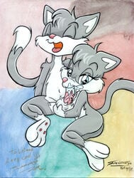 2003 animaniacs ass cat color cum feline fellatio female fur furry furry_only grey_fur insertion juanomorfo male nude oral penis rita_(animaniacs) rita_and_runt straight white_fur