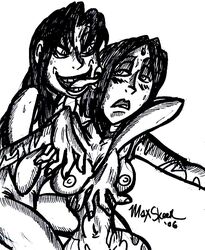 2006 2d 2girls alien alien_girl alien_look_like_human blackfire dc_comics female female_only goth komand'r max_skeen monochrome multiple_girls rachel_roth raven_(dc) sketch straight_hair tamaranean teen_titans yuri