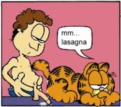 2boys anal anal_penetration anal_sex animated duo english_text feline garfield_(series) garfield_the_cat gif jon_arbuckle male male_on_feral male_only orgasm sex simple_background text yaoi zoophilia