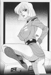 1girls 2000 breasts curvaceous doujinshi earth_federation erection_under_clothes female greyscale gundam human large_breasts military_uniform mobile_suit_gundam monochrome pubic_hair russia_no_dassouhei sayla_mass short_hair solo uniform