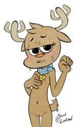 2018 5_fingers anthro antlers bedroom_eyes blush brown_fur cartoon_network cervine collar deer embarrassed featureless_chest female female_only freckles fur half-closed_eyes horn looking_at_viewer mammal navel nude open_mouth penny_fitzgerald penny_fitzgerald_(before_canon_real_form) pussy pussy_juice seductive solo soulcentinel standing sweat the_amazing_world_of_gumball