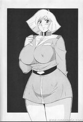 1girls 2000 breasts curvaceous doujinshi earth_federation female greyscale gundam h-h human large_breasts military_uniform mobile_suit_gundam monochrome sayla_mass short_hair skirt solo uniform