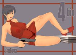 1girls ada_wong ada_wong_(caroline_ribeiro) arutoya asian breasts capcom clothing female female_only firearm footwear handgun human nude pale_skin resident_evil resident_evil_4 smile solo thong weapon