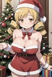 1girls ai_generated big_breasts blonde_hair breasts christmas christmas_outfit drill_hair goodmorningmado light-skinned_female light_skin looking_at_viewer mahou_shoujo_madoka_magica mami_tomoe puella_magi_madoka_magica santa_hat smile smiling smiling_at_viewer tomoe_mami twintails