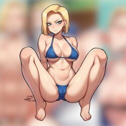 ai_generated android android_18 android_girl big_breasts blonde_female blonde_hair blue_eyes blurry blurry_background cameltoe covered_nipples dragon_ball dragon_ball_fighterz dragon_ball_super dragon_ball_z jorgecarlosai legs legs_apart milf milfs navel short_hair spread spreading swimsuit swimsuits tagme toned