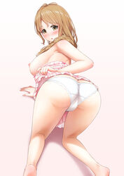 all_fours ass breasts brown_eyes brown_hair dat_ass dress dress_lift dress_pull female gradient gradient_background highres hissatsukun large_breasts long_hair looking_back nipples original panties solo underwear