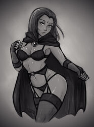 cloak dc dc_comics female garter_belt garter_straps iahfy k-y-h-u lingerie monochrome rachel_roth raven_(dc) solo teen_titans thighhighs underwear