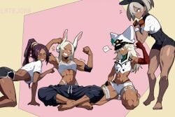 2024 4girls abs ai_generated ai_hands animal_ears anime_nose armpits bandaged_arm bandaged_leg bandages bangs barefoot bea_(pokemon) black_bodysuit black_hair_ornament black_hairband bleach blonde_hair blue_eyes blush bodysuit bodysuit_under_clothes boku_no_hero_academia breasts cleavage closed_mouth clothed_female clothing clover creatures_inc. crop_top cropped_shirt crossover dark-skinned_female dark_skin feet female female_only fingerless_gloves flexing flying_sweatdrops four-leaf_clover full_body game_freak gloves grey_hair grin guilty_gear guilty_gear_strive hair_between_eyes hairband hat highleg large_breasts latbjorn_ai long_hair looking_at_viewer medium_breasts medium_hair midriff mirko miruko multiple_girls muscle muscular_female my_hero_academia navel nintendo obliques orange_eyes pants pokemon pokemon_(game) pokemon_ss ponytail purple_hair ramlethal_valentine red_eyes rumi_usagiyama shihouin_yoruichi shirt short_hair short_shorts short_sleeves shorts simple_background single_glove sitting smile soles spoken_blush standing sweat thick_thighs thigh_strap thighs tied_hair toes two-tone_background underwear white_hair white_headwear white_shirt white_sports_bra yellow_eyes