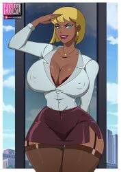 1girls big_breasts blonde_hair boomerang_(tv_network) breasts cartoon_network cleavage dc dc_comics dcau female female_only galatea ghostlessm huge_breasts justice_league_unlimited looking_at_viewer nipple_bulge nipples_visible_through_clothing office_lady pinup salute skirt smile solo suit thick_thighs toonami warner_brothers wide_hips