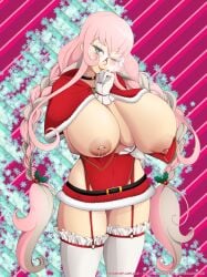 black_choker blue_eyes choker female francisca garter_belt glasses huge_breasts lalox lipstick milk milking multicolored_hair nipple_piercing oc pink_hair santa_costume stockings twin_braids