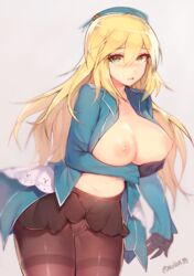 atago_(kantai_collection) bangs beret black_gloves black_legwear blonde_hair blush breast_hold breasts crotch_seam female gloves green_eyes hat highres kantai_collection large_breasts long_hair long_sleeves looking_at_viewer military military_uniform mukka nipples nose_blush open_clothes open_mouth pantyhose simple_background solo standing thighband_pantyhose twitter_username uniform very_long_hair