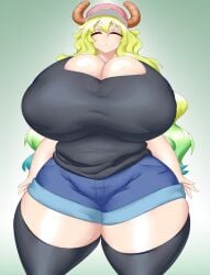 1girls antlers black_tank_top blonde_hair closed_eyes female hat horn horns kailyn large_breasts larger_female latex_stockings legwear lucoa lucoa_(maidragon) quetzalcoatl_(dragon_maid) short_jeans short_pants short_shorts tank_top thick_thighs wide_hips