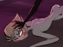 2boys alastor_(hazbin_hotel) arched_back blonde_hair forced forced_pin gay hazbin_hotel head_grab lucifer_morningstar_(hazbin_hotel) pinning_down red_claws twink unwilling vivziepop