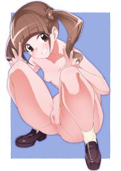 anus bad_id bad_pixiv_id blue_background breasts brown_eyes brown_footwear brown_hair double_v female flat_chest full_body grin healin'_good_precure highres hiramitsu_hinata just_shoes leaning_forward loafers looking_at_viewer medium_hair miyagoe_yoshitsuki nipples nude precure pretty_cure pussy shoes small_breasts smile socks solo squatting twintails v white_socks