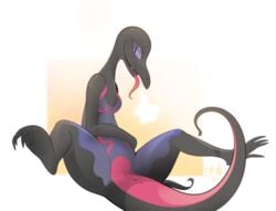 1girls anus b-epon belly black_eyes braddo breasts claws fangs feet female female_feral female_only feral grey_skin heavy_breathing lizard long_tongue looking_at_viewer nintendo no_nipples nude open_mouth pink_skin pokemon pokemon_(species) pokemon_sm purple_eyes purple_skin pussy reptile salazzle scalie sitting slit_eyes solo spread_legs tail text thick_thighs toes tongue_out video_games white_border yellow_background