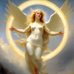 abstract ai_generated angel angel_wings belly blonde_hair blue_eyes breasts cloud curly_hair curvy female flying goddess halo light lips long_hair medium_breasts navel nipples nude presenting realistic sky smile solo william_bouguereau