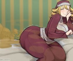 1girls ass ass big_ass big_butt billdenovo blonde_hair blush closed_eyes fart fart_cloud fart_fetish farting milgreff_(bubblebuttdoublebutt) nun nun's_habit nun_outfit oc original original_character smile solo_female thick_thighs