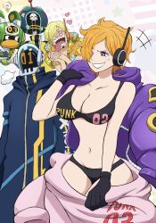 1girls 4boys apple7apo belly_button big_breasts bra breasts brook_(one_piece) cleavage curvy female female_focus hair_over_one_eye heart heart_eyes male midriff one_eye_obstructed one_piece one_piece:_egghead_arc orange_hair panties sanji short_hair underwear undressing vegapunk_edison vegapunk_lilith vegapunk_shaka vinsmoke_sanji