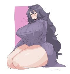 1girls big_breasts big_thighs big_tiddy_goth big_titty_goth black_hair blue_eyes blushing breasts dress eyes_closed fair-skinned_female fair_skin female female_only goth goth_girl hex_maniac huge_breasts human human_only leebongchun long_hair nintendo nipple_bulge nipples_visible_through_clothing npc_trainer pale-skinned_female pale_skin panting pokeball_print pokemon purple_hair shy_smile sitting_on_floor voluptuous