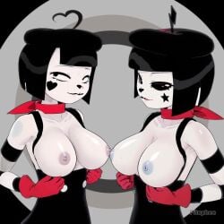 1:1 2girls 3d animated beret black_eyes black_hair bonbon_(derpixon) boob_drop breast_jiggle breasts chuchu_(derpixon) cleavage flashing flashing_breasts gloves large_breasts looking_at_viewer mime_and_dash multiple_girls nipples no_bra pitophee red_scarf short_hair shorter_than_10_seconds sound tagme tattoo tattoo_on_face video white_skin