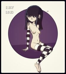 aged_up barefoot black_hair breasts detached_sleeves ear_piercing female female_only goth hair_over_eyes kt-draws long_hair lucy_loud multiple_piercings navel nipple_piercing nipples nude older pale_skin sidelocks solo straight_hair striped striped_legwear striped_sleeves the_loud_house thighhighs