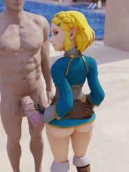 1boy 1girls 3d 3d_(artwork) big_penis blonde_hair blue_eyes bottomless breath_of_the_wild elf elf_ears fingerless_gloves gloves hand_on_penis highres holding_penis large_penis light-skinned_male light_skin long_ears looking_at_viewer looking_back lriko3d nude nude_male pale-skinned_female pale_skin partially_clothed partially_clothed_female petite pointy_ears pool princess_zelda short_hair smaller_female standing tears_of_the_kingdom the_legend_of_zelda zelda_(breath_of_the_wild) zelda_(tears_of_the_kingdom)