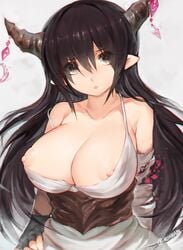 areolae bare_shoulders black_hair breasts breasts_out brown_eyes danua_(granblue_fantasy) doraf female granblue_fantasy horns large_breasts long_hair looking_at_viewer mukka nipple_slip nipples open_mouth pointy_ears solo