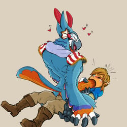 2boys anthro ass avian bird blush boots breath_of_the_wild bulge cheek_bulge clothed clothing daftpatriot duo erection eye_contact footwear forced forced_oral fully_clothed gay heart holding_penis humanoid humanoid_on_anthro hylian kass_(zelda) link link_(breath_of_the_wild) looking_down male male_only mostly_nude musical_note naughty_face nintendo one_eye_closed open_mouth oral oral_penetration penetration penis pinned pointy_ears rito sex straddling the_legend_of_zelda tongue tongue_out vein veiny_penis video_games winged_arms wings yaoi