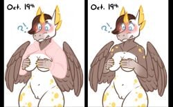 anthro blush bottomless breasts clothed clothing covering covering_breasts double_ears dragon embarrassed female forehead_horn genitals hoodie meme mythological_creature mythological_scalie mythology pussy scalie solo spots topwear wings yamatopawa