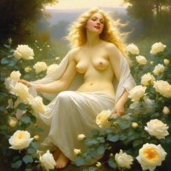 ai_generated belly blonde_hair blue_eyes breasts curly_hair curvy female flower flowers lips long_hair medium_breasts navel nipples nude presenting realistic rose_(flower) smile solo white_rose william_bouguereau