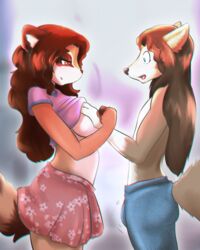 2016 amber_eyes anthro black_nose blue_eyes blush breasts brown_fur brown_hair brown_nose bulge cainethelongshot canine clothed clothing coon duo erection female fur grope hair legwear long_hair maddy madeline male mammal markings open_mouth puffy_ears puffy_tail raccoon rhys simple_background skirt smile standing straight tongue topless white_fur wolf