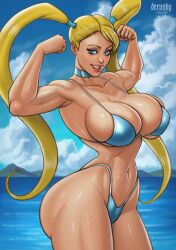 1girls ass bikini blonde_hair blue_eyes cleavage derushy female female_only flexing highres large_breasts light-skinned_female light_skin muscular_arms muscular_female ocean rainbow_mika smiling solo street_fighter street_fighter_alpha street_fighter_alpha_3 swimsuit thick thick_thighs twintails