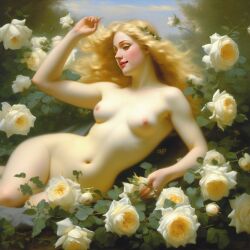 ai_generated belly blonde_hair blue_eyes breasts curly_hair curvy female flower flowers lips long_hair medium_breasts navel nipples nude presenting realistic rose_(flower) smile solo white_rose william_bouguereau