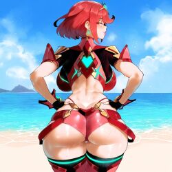 1girls ai_generated ass ass_focus blue_sky busty cloudy_sky hands_on_own_hips hentai_hell huge_breasts lips looking_back nintendo ocean pyra rear_view red_hair sweat thiccwithaq_(ai_style) thighhighs tsunoko_(artist) xenoblade_chronicles_2