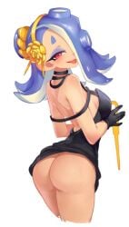 1girls ass black_dress blue_hair breasts dress dress_lift hair_covering_eye little_blood looking_at_viewer octoling octoling_girl red_eyes shiver_(splatoon) splatoon splatoon_(series) splatoon_3 tentacle tentacle_hair weapon yor_briar_(cosplay)