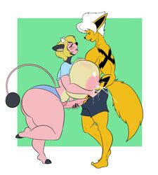 anthro big_breasts breasts duo eeveelution erection female handjob huge_breasts hyper hyper_breasts jolteon kaboozle lactation long_penis male miltank nintendo penis pokemon raiga_(soldiersunstar) sex smile straight video_games