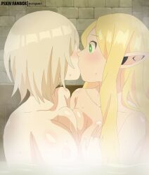 2girls asymmetrical_docking bathing bathing_together big_breasts blonde_hair blush breasts dungeon_meshi duo elf elf_female falin_touden female female/female female_only green_eyes hair_covering_eyes human kissing kurigami kurigamiin large_breasts long_hair marcille_donato medium_hair multiple_girls upper_body water yuri