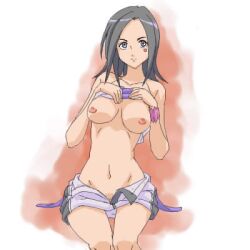 artist_request bare_shoulders black_eyes black_hair breasts clothes_lift covered_erect_nipples eureka_seven facial_mark female female_focus gradient_background groin hat large_breasts long_hair looking_at_viewer lowres midriff navel nipples no_bra open_fly shirt_lift shorts simple_background sitting solo talho_yuki tattoo thigh_gap unzipped