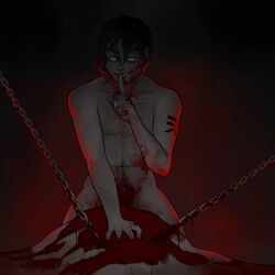 black_background blood boyfriend_to_death chains color gatobob_(gurobob) gore kneeling male male_only open_eyes short_hair smile solo strade tattoo