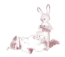 anthro belly black_and_white blindfold bondage bound canine clothing corset disney domination duo erection female femdom fox gag gerardson gideon_grey judy_hopps lagomorph malesub mammal overweight penis pussy rabbit slightly_chubby step_on straight zootopia