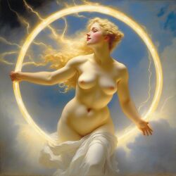 abstract ai_generated belly blonde_hair blue_eyes breasts cloud curly_hair curvy female flying goddess halo lightning lips long_hair medium_breasts navel nipples nude presenting realistic sky smile solo william_bouguereau