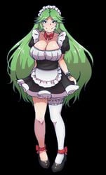 1girls akairiot alternate_costume apron black_background blush bow bowtie breasts cleavage enmaided eyelashes female female_only full_body fully_clothed green_eyes green_hair highres kid_icarus kid_icarus_uprising large_breasts long_hair looking_at_viewer maid maid_apron maid_headdress nintendo palutena ribbon shoes simple_background single_thighhigh smile solo standing super_smash_bros. thighhighs very_long_hair